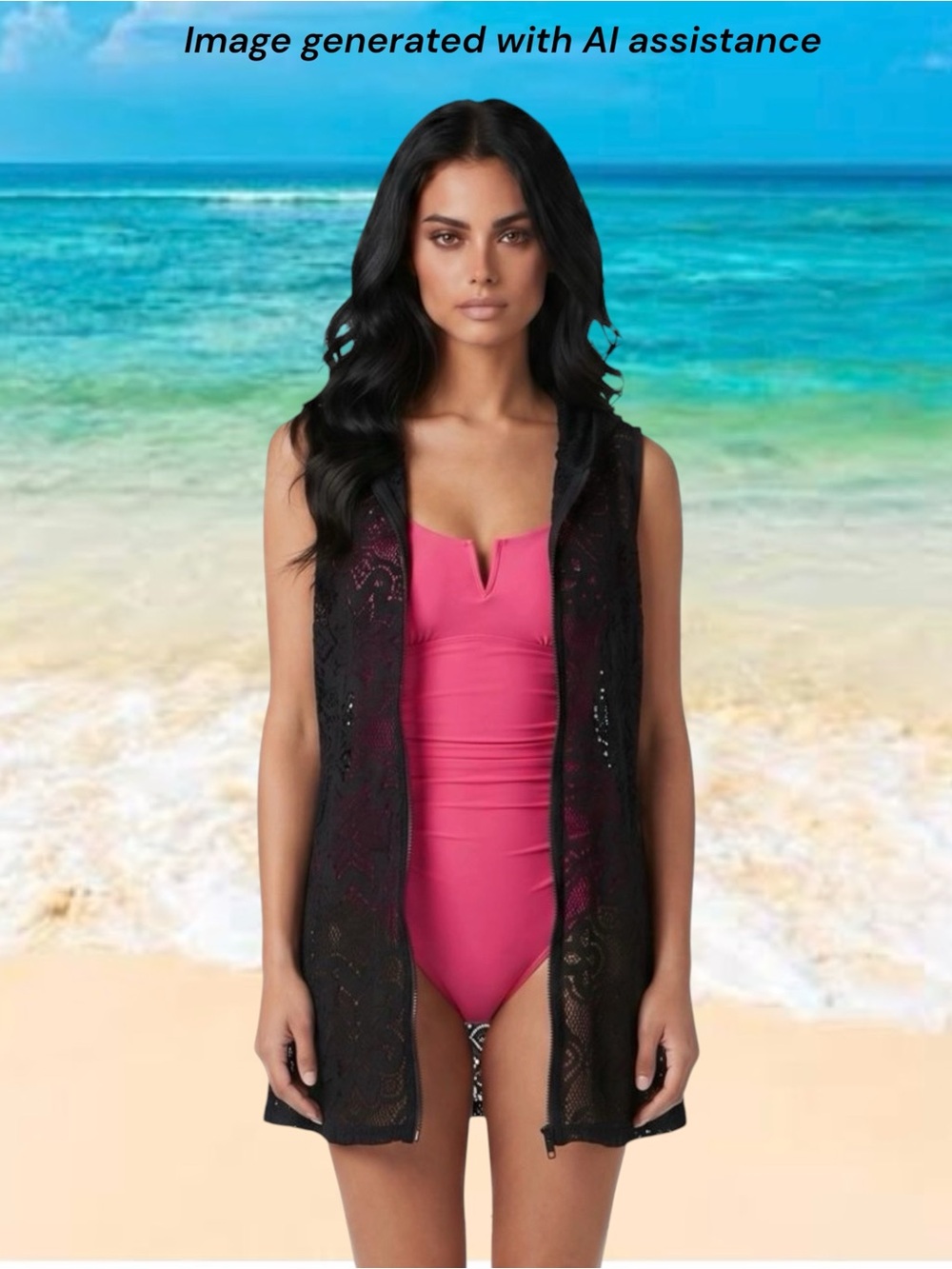Ellen Weaver L black lace hooded zip up coverup